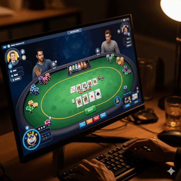 שחקן פוקר אונליין מביט במסך מחשב המציג שולחן פוקר וירטואלי עם קלפים וצ'יפים.