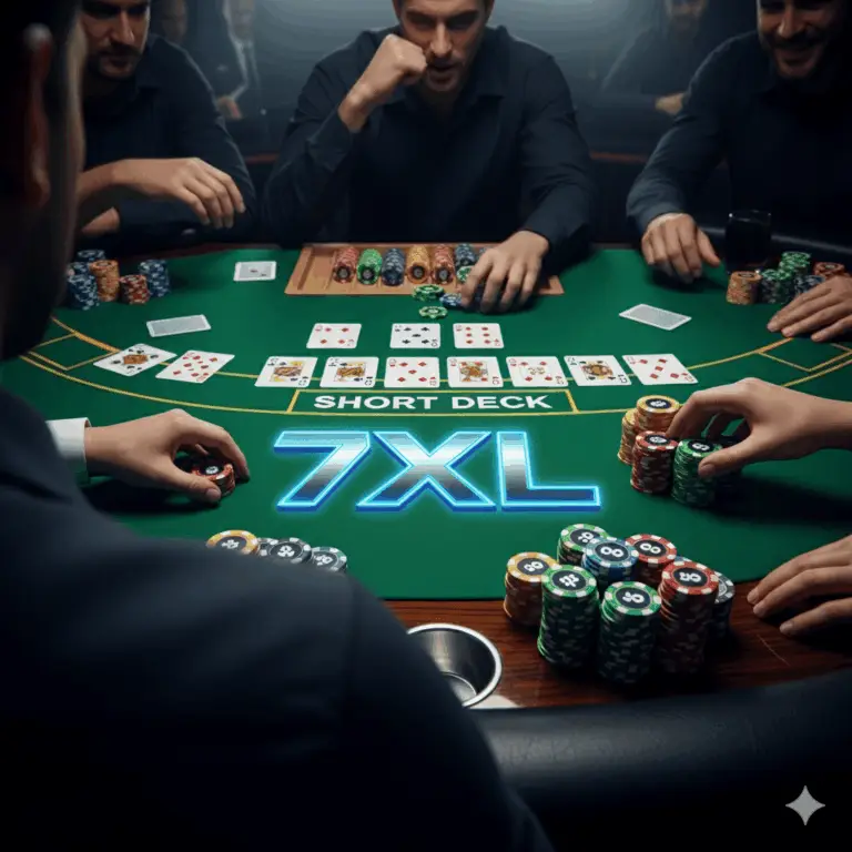 שולחן פוקר שורט דק עם לוגו 7XL זוהר בכחול במרכז. על השולחן מפוזרים קלפים, צ'יפים והדילר מנהל את המשחק, עם שחקנים ברקע.