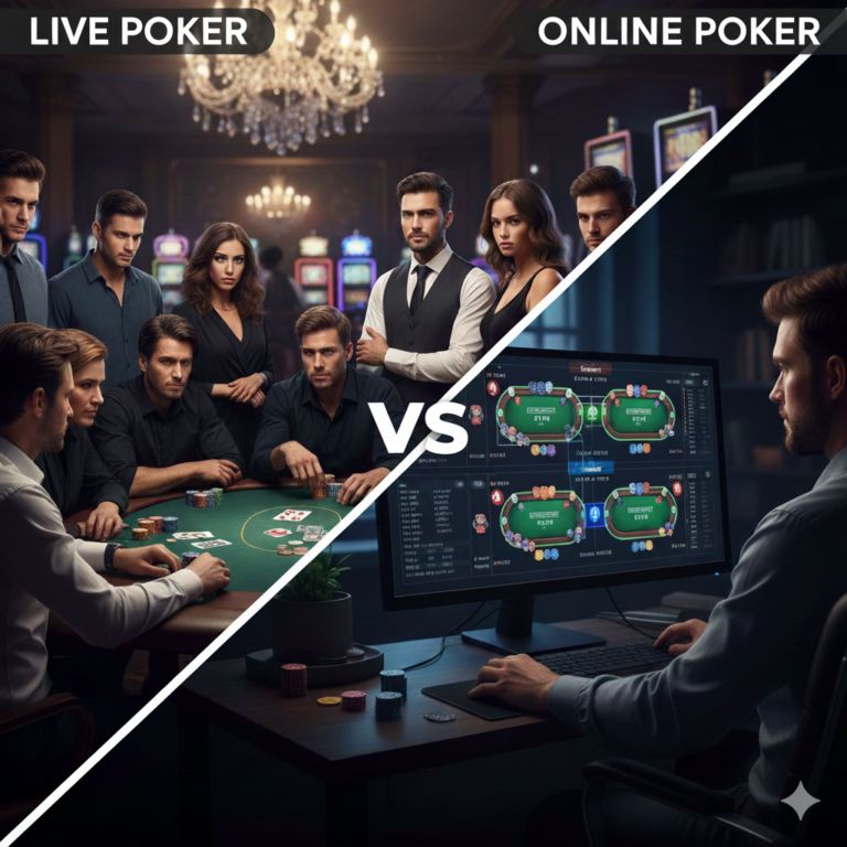 פוקר אמיתי מול פוקר אונליין: השוואה חזותית בין שולחן קזינו מפואר למשחק פוקר מרובה שולחנות על מסך מחשב.